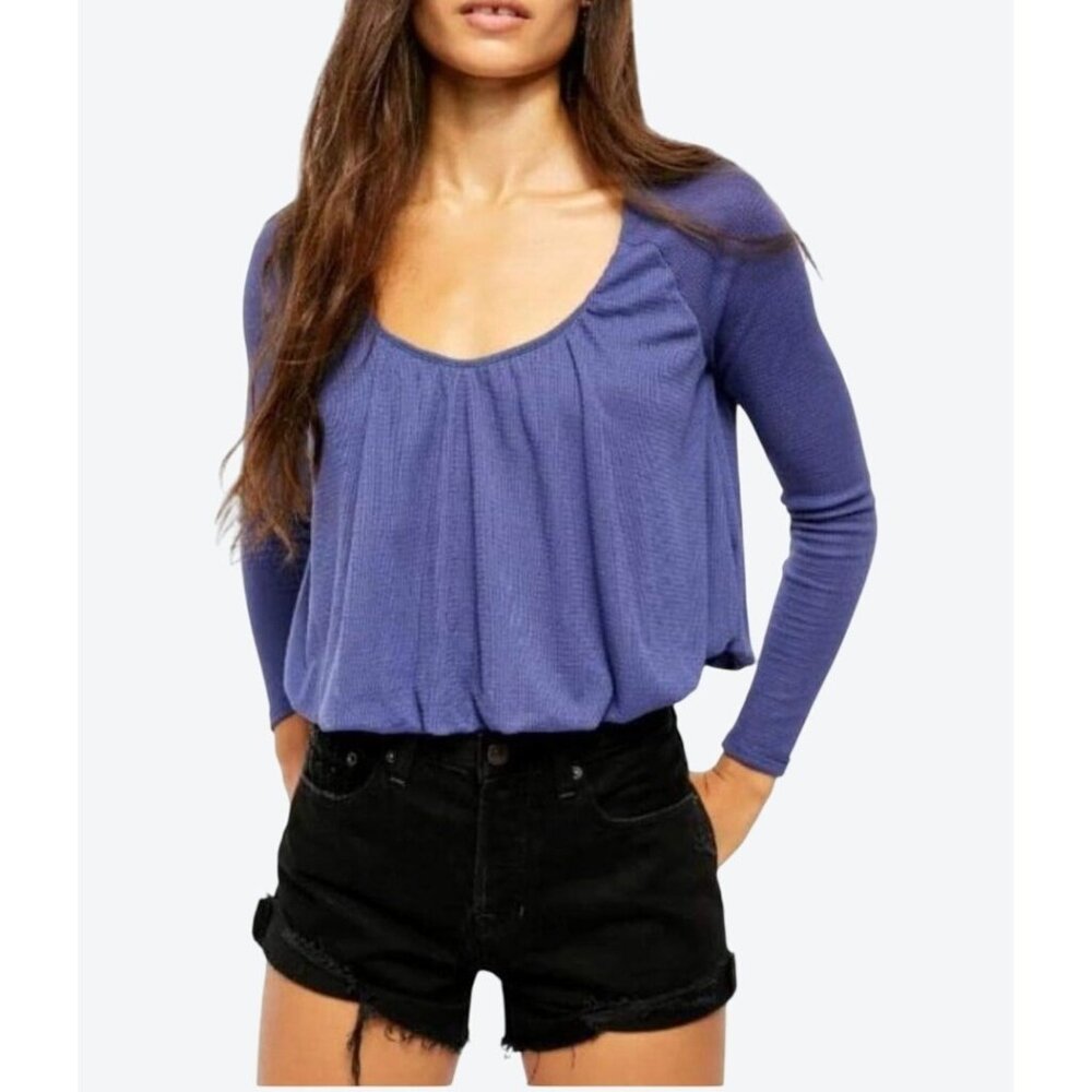 Free People Womens Bondi Thermal Long Sleeve Blouson True Blue Medium